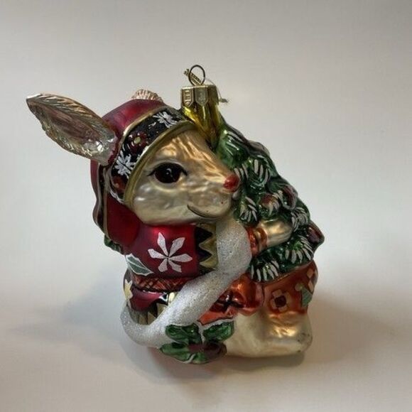 VTG Fitz and Floyd Blown Glass Ornament Lodge Rabbit Hugging Christmas Tree 4.5" - Picture 8 of 9